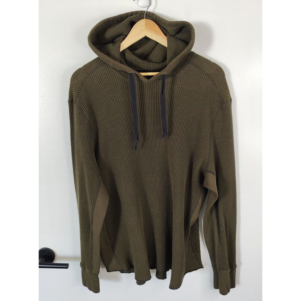 Rag & Bone Caine Waffle Knit Cotton Hoodie Mens XL Green Thermal Pullover